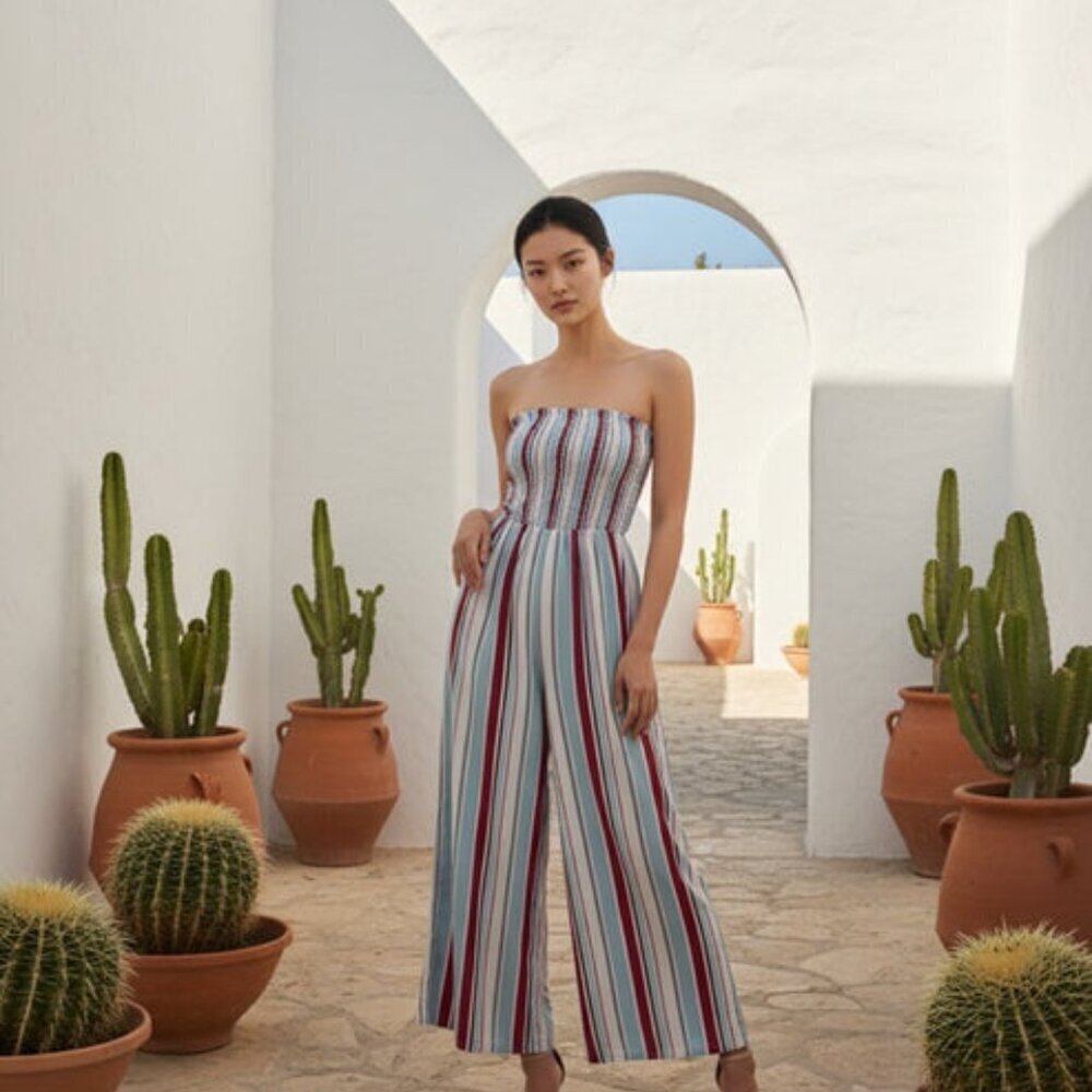 STRAPLESS COLORFUL PINSTRIPE ROMPER